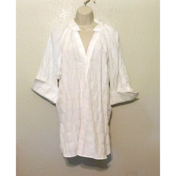 Anthropologie Tops - Anthropologie Top L White Tunic Length Blouse 3/4 Sleeve Cuff Cotton Blend